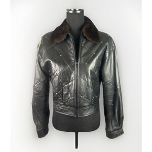 Cache Leather Bomber Jacket Size S Black Removable Fur Collar Quilted Studs VTG